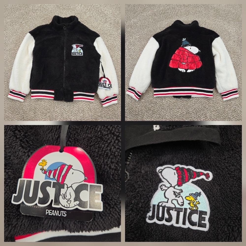 NEW Justice x Snoopy Girls Sherpa Jacket Black Full Zip Faux Fur S (7/8)